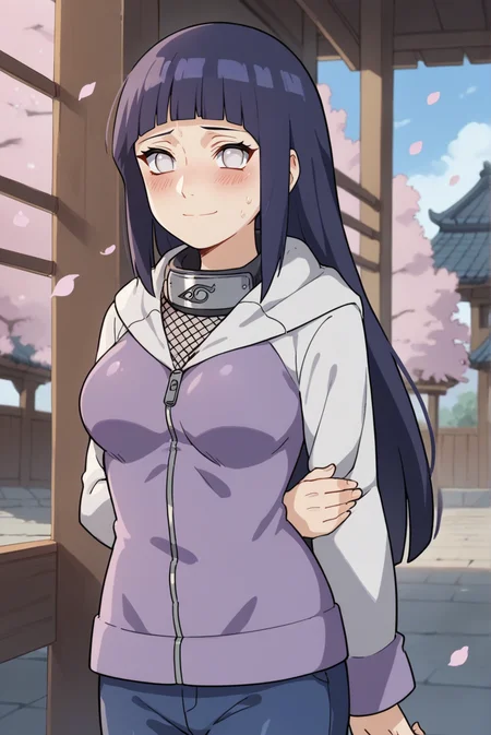 score_9, score_8_up, score_7_up, score_6_up, score_5_up, score_4_up, BREAK source_anime, 1girl, solo,
<lora:HinataShippudenXL-v1-07:0.7>, ChopioHinataBoruto, purple hair, shiny hair, blunt bangs, sidelocks, no pupils, white eyes, looking at viewer,
[medium breasts : large breasts: 10],
long hair, straight hair,
outfit_1, multicolored jacket, zipper, hooded jacket, hood down, forehead protector, fishnet top, long sleeves, sleeves past wrists, blue pants, bandages,
cherry blossoms, falling petals, sweat, sweatdrop, shiny skin, arms behind back, holding own arm, blush, smile,