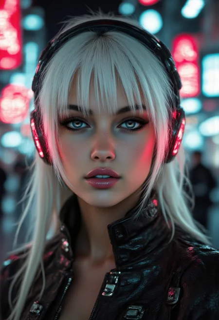 Cyber Beauty, japanese female cyberpunk police officer with tanned skin, dark eyeshadow, red lips, red power arnour, long platinum hair, bangs, sidelocks