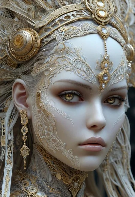score_9, score_8_up, score_7_up, surrealism. fantasy, complex 3d render of beautiful mesmerising biomechanical cyborg girl 25 years old, on her head, Indian headdress, long blonde hair braided, super facial detailing, with porcelain face, beautiful natural light, diamond shine, sharp graphics, clear pattern, shining eyes big, clear, pearl skin highlighting, 150mm lens, Aztec warrior, steampunk, silver and gold filigree details, alexander mcqueen high fashion haute couture, pearl earring, art nouveau fashion embroidered, hexagonal mesh, Mandelbrot fractal, facial muscles, wires, microchip, elegant, beautiful natural light, studio light, rim light, highly detailed, hyper realistic, sharp, octane render, figure V3, by Luis Royo WLOP, Artgerm, James Jean, Alphonse Mucha, style, art Deco, datanoshing, ink v3, splash style, abstract Art, abstract Tech, 3D h. r. giger style, volumetric lighting, 32k post production