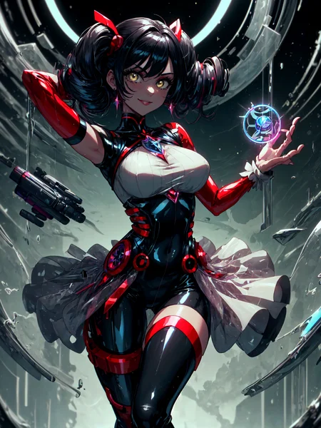 best quality,<lora:add_detail:0.3>, (1girl, solo, adult female, mature female), <lora:detailed_eyes:1>, <lora:concept_goodHands:1>, black hair, twin drills haircut, liquid eyeliner, amber eyes, 
 <lora:style_pastTech_(plasttech--synthetic--scifi):0.9>, plasttech, synthetic, scifi, 
magical girl, plasttech magical girl, magical girl outfit, [muscular], highleg leotard, frilly, plasttech tiara, magical girl pose, smile, looking at viewer, (magic background, magic circle background, starry background)