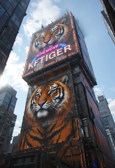 in the style of ck-sfc, low angle view of a skyscraper adorned with tiger stripes, a big intricate neon sign that reads:"KFTIGER" on top, sunny weather in background,