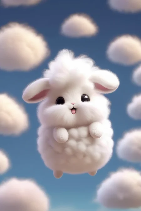 <lora:Cute Animals:1>Cute Animals - Puffluff is a tiny, cloudy Pokmon that resembles a fluffy white rabbit or lamb. Its body is round and soft, with tiny paws and a small, cute face with big, shiny eyes and rosy cheeks. It has small wings that look more like clouds and with which it can float through the air.