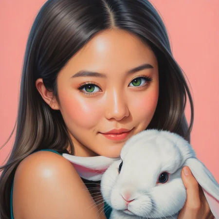 by Stanley Artgerm and Hikari Shimoda in the style of Audrey Kawasaki, cute 18 year old woman and her bunny, digital oil pastel on canvas<lora:oil_pastel:1.00> of a cinematic photo <lora:juggernaut_cinematic:1.00>