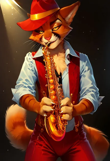 score_9, score_8_up, score_7_up, nsfw, curvy, femboy, DorianZibowski[LACKADAISY], Zib[LACKADAISY], orange fur, orange body, yellow sclera, colored sclera, black pupils, feline, animal ears, anthro, yellow markings, black markings, tail, cat tail, tabby cat, striped fur, striped, pointed ears, eyebrows, smiling, (male anthro cat:1.3), chest tuft, fluffy chest, furry, furry anthro, solo,
red pants, red hat, red fedora, suspenders, white collared shirt, white sleeves, white shirt, red vest,  smokey environment,
playing instrument, playing saxophone, 
half-closed eyes, horny expression, hands, clothed, dutch angle, posing, from front, seductive pose, seductive smile, looking at viewer, standing, 
BREAK
inside, on stage, speakeasy, band, spotlight, ambient light, shadows, cinematic,