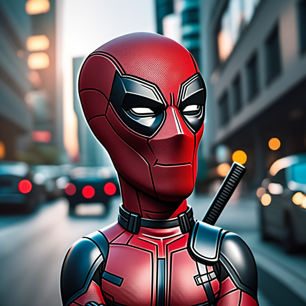 cinematic photo Advertising poster style a cartoon character with grey skin dressed as deadpool, city background <lora:Rodger1024:0.9>  . 35mm photograph, film, bokeh, professional, 4k, highly detailed