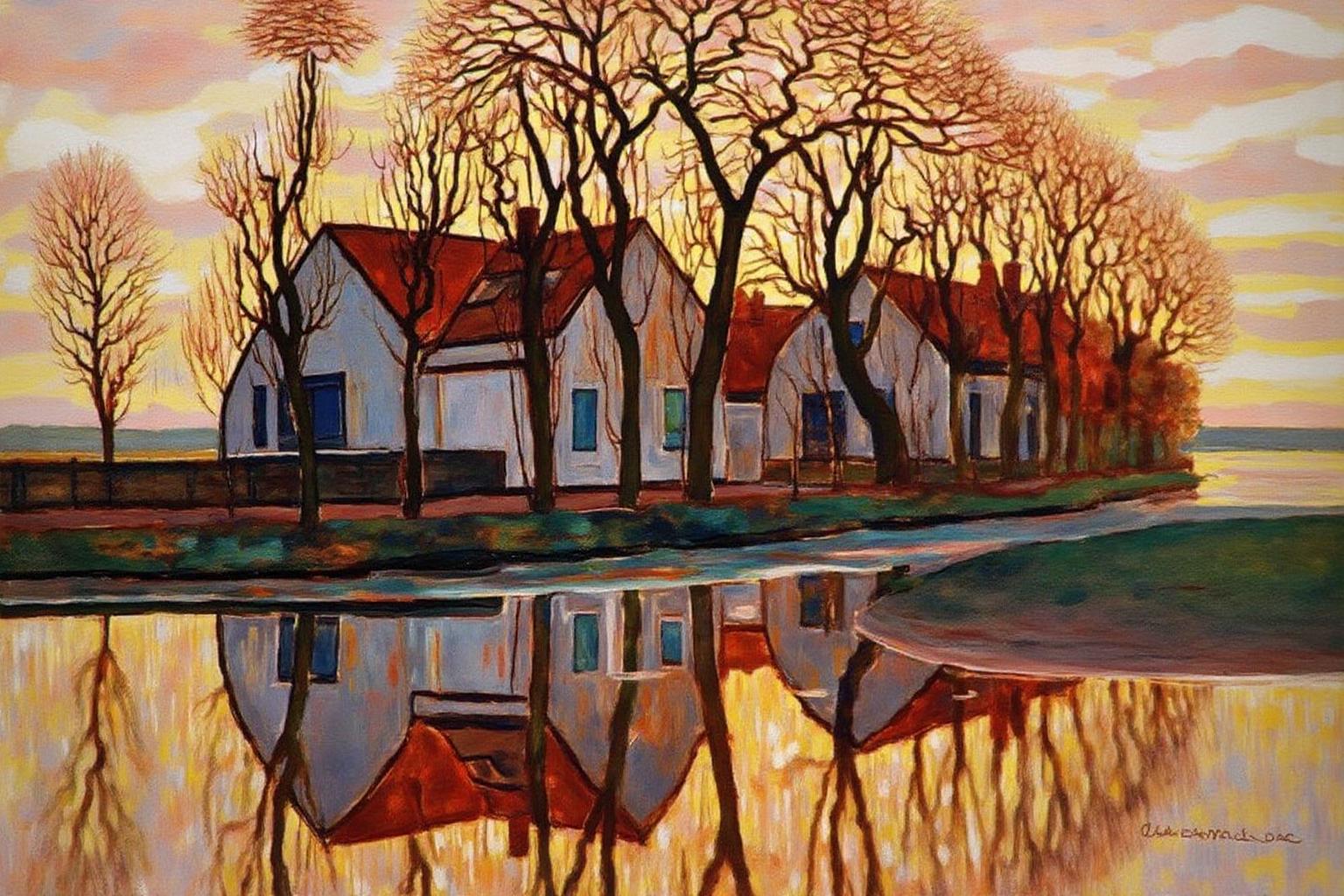 pietmondrian1 painting.
Houses with red roofs are nestled among leafless trees. The sky is orange and yellow. A calm body of water reflects the houses and trees. <lora:pietmondrian1_cap_d8a4e11:1.0><lora:860662911108939896:0>