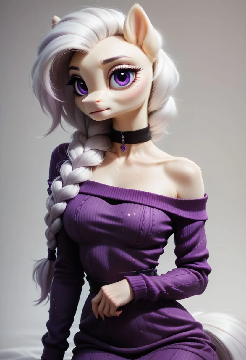 score_9, score_8_up, score_7_up, source_pony, 1girl, solo, furry, sexy sweater dress, purple dress, scoop neck, long sleeves, bare shoulders, black choker, d4rkv10l3t, white hair, single braid, purple eyes,