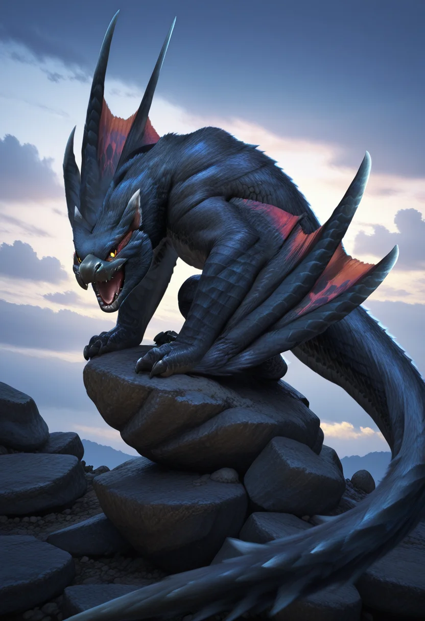 Graphic Design, color art, vibrant colors, colorful, intricate details, high contrast, detailed background, beautiful detailed, photorealism, photorealistic, detailed fur, new, n4rg4cug4, dragon, yellow sclera, black fur, fangs, claws, wings, winged arms, tail, no humans, sky, clouds, rock, dynamic pose, sitting, looking at viewer, (masterpiece, best quality, newest, recent, absurdres),