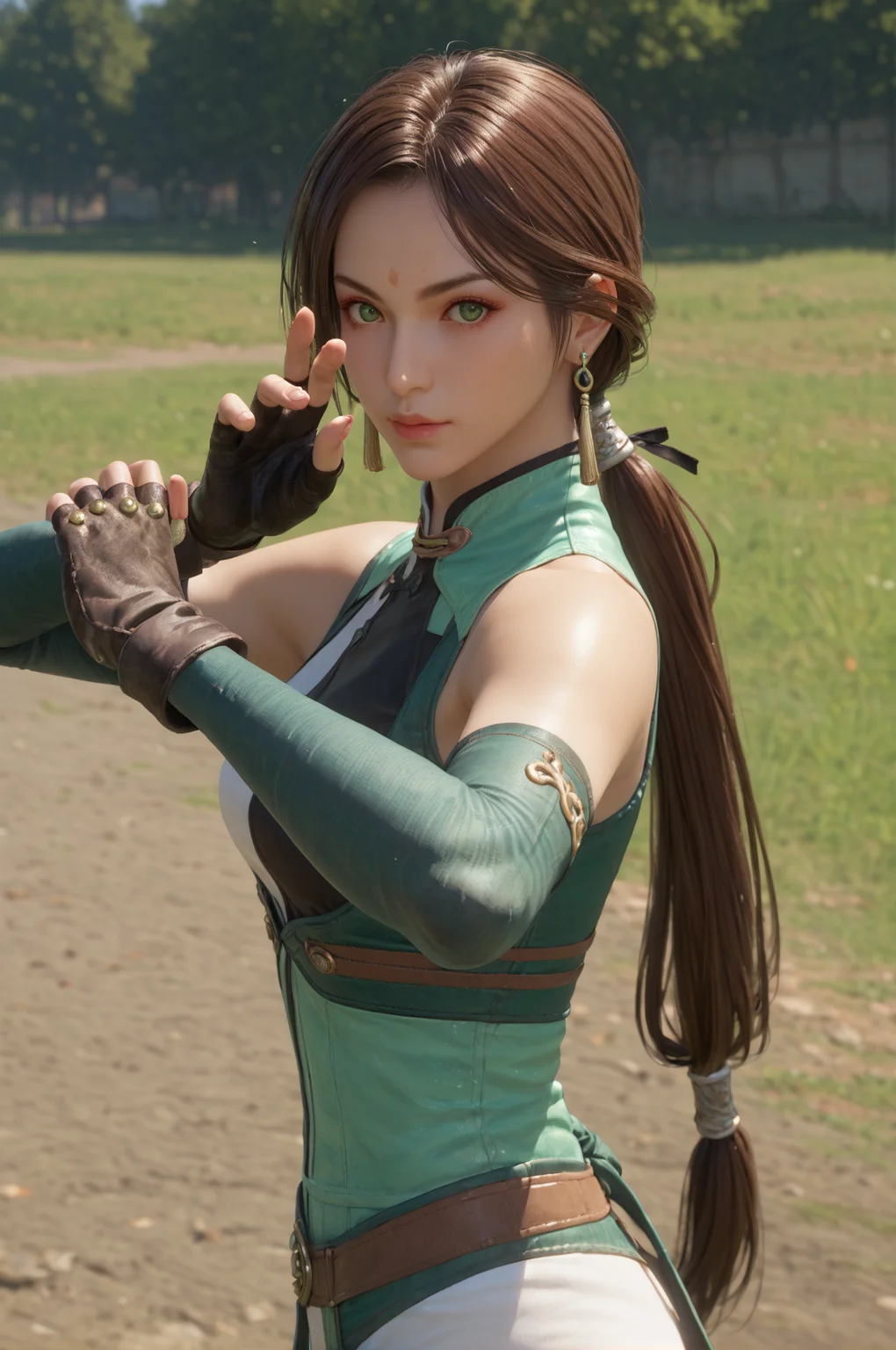 score_9, score_8_up, score_7_up, half body shot, Mimicking a ballet pose, <lora:Yueying_Dynasty_Warriors:0.7> 1girl, solo, green eyes, brown hair, long hair, ponytail, earrings, jewelry, fingerless gloves, looking at viewer, outdoors