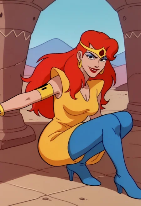 score_9, score_8_up, score_7_up BREAK KatellaS, 1girl, red hair, black eyes, blue eyeshadow, red lipstick, gold tiara with red gem, gold left wrist bracelet, gold right shoulder armband, yellow dress, blue tights, high-heels, smiling at viewer, galactic zoo background, full body,