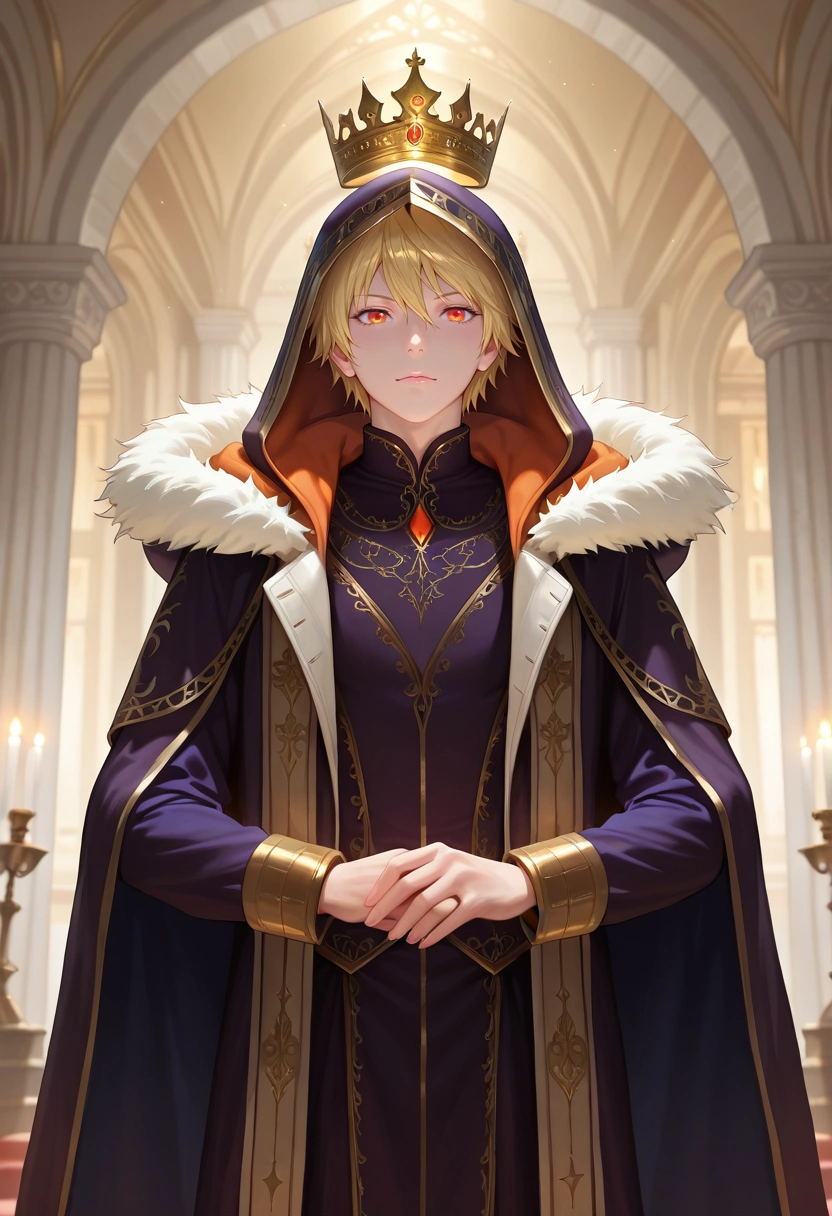 masterpiece, best quality, , semi-realistic, , 1boy, solo, male focus, <lora:yukine_noragami_ilxl:0.98>, yukine_noragami, blonde hair, red eyes, orange eyes, hood, fur trim, hat, renaissance court, opulent gowns, golden crowns, marble pillars, royal pose, regal expression, candlelit glow,