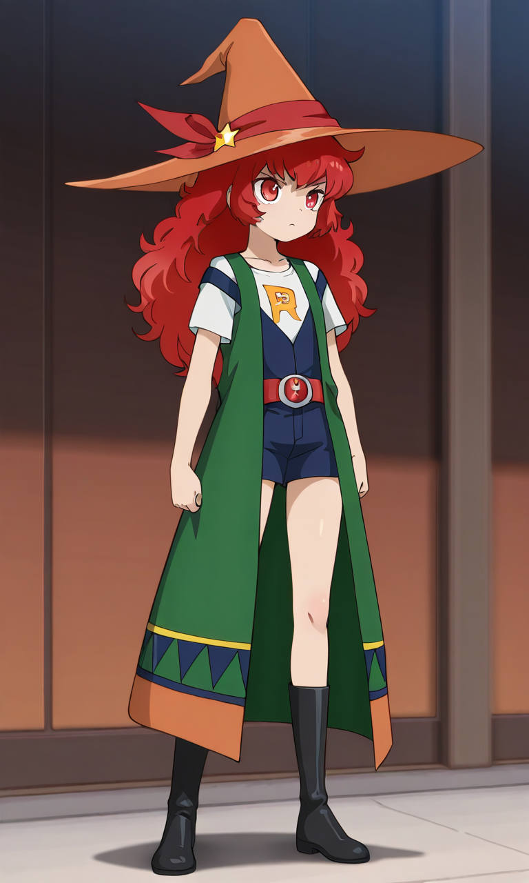 1girl, solo, rovian, red hair, long hair, red eyes,witch hat, star hat ornament, red hat ribbon, white t-shirt, blue overalls, green coat, red belt, black boots,
, masterpiece,best quality,amazing quality,very aesthetic,absurdres,newest,