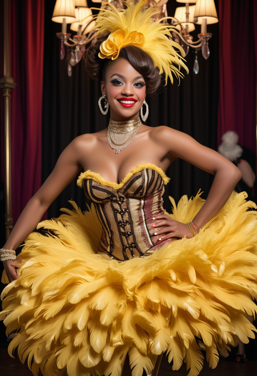 (medium full shot) of (flamboyant French cancan dancer) young woman, busty build, extra long hazel updo hair, south african, dark skin, hazel eyes, wearing a fascinator, yellow silk bodice with sequins, satin pants with elegant design, patterned tights, wedge heels with theatrical accents,  dramatic eye shadow, chandelier earrings, feather boa ruffled choker, set in  an artistic cabaret, with creative decor, unique furniture, dynamic, inspiring ambiance, trendy seating, imaginative stage areas, woman smiling, detailed face, ,Masterpiece,best quality, raw photo, realistic, very aesthetic