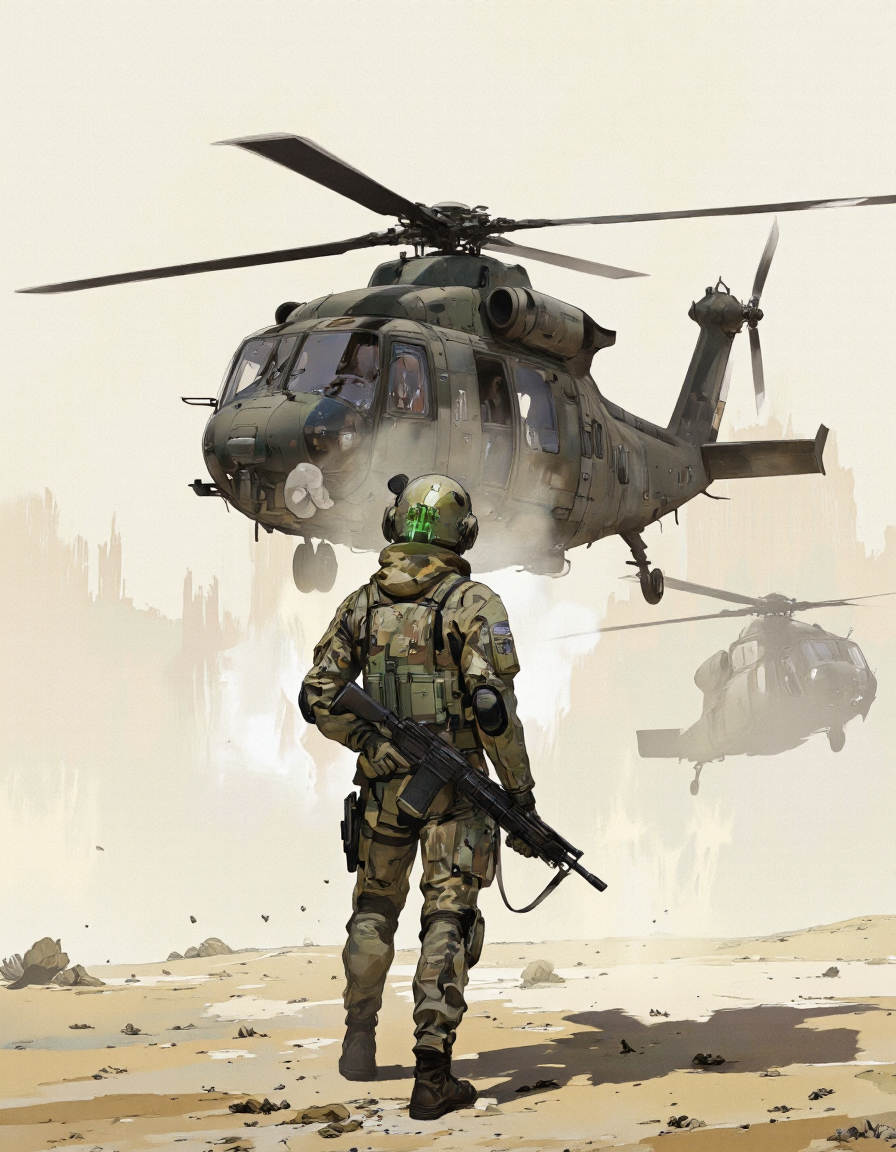 IllusFactor1.. A digital illustration shoot from a side camera angle about a futuristic soldier in a camouflage suit holding a large weapon, standing in a desert environment with a helicopter in the background. the image also shows a soldier in the middle of the image, wearing a full-body camouflage suit with a futuristic design, and a helmet with a green light on it. the soldier is positioned in the foreground, facing away from the viewer, and is holding a black assault rifle in their right hand. the background features a hazy, misty landscape with a large, black helicopter flying overhead, casting a shadow on the ground. the overall mood is intense and dynamic, with a focus on the soldier's tactical design and advanced technology.