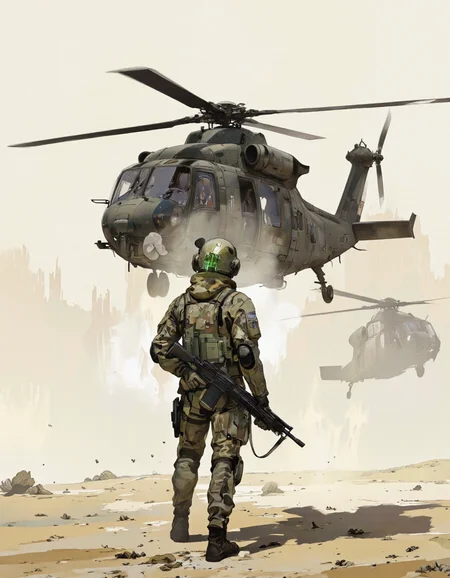 IllusFactor1.. A digital illustration shoot from a side camera angle about a futuristic soldier in a camouflage suit holding a large weapon, standing in a desert environment with a helicopter in the background. the image also shows a soldier in the middle of the image, wearing a full-body camouflage suit with a futuristic design, and a helmet with a green light on it. the soldier is positioned in the foreground, facing away from the viewer, and is holding a black assault rifle in their right hand. the background features a hazy, misty landscape with a large, black helicopter flying overhead, casting a shadow on the ground. the overall mood is intense and dynamic, with a focus on the soldier's tactical design and advanced technology.