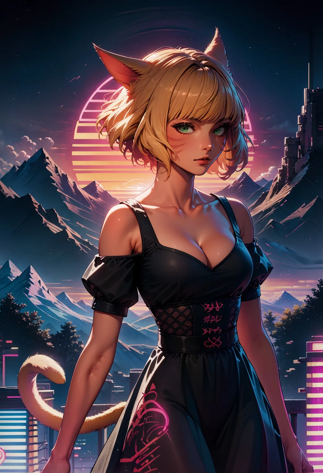 score_9, score_8_up, score_7_up, score_6_up, source_anime, mountainous horizon, sunset, neon lights, cityscape, 1girl, miqo'te with a blonde cat tail, blonde hair, short hair, laced hair, looking at viewer, cleavage, black dress, neon trim, green eyes <lora:sdxl\Anime Summer Days Style SDXL_LoRA_Pony Diffusion V6 XL:0.8> <lora:sdxl\RetroWave_PonyXL:0.8>, retrowave <lora:sdxl\sinfully_stylish_SDXL>