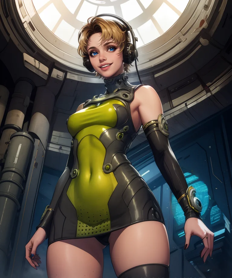 luna,blue eyes,dark blonde hair,
headphones,smile,
green dress,black detached sleeves,thighhighs,skindentation,
standing,from below,
looking at viewer,
indoors,science fiction,solo,<lora:luna:0.7>,