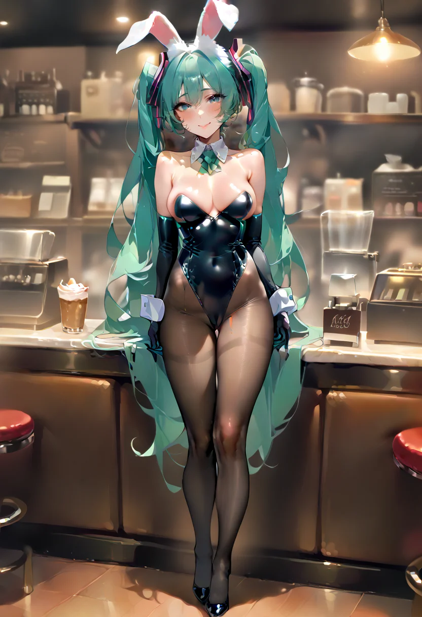 masterpiece, newest,
1girl, shiny skin, bunny girl, hatsune miku, standing, light smile, head tilt, absurdres, long gloves, cafe, leotard, pantyhose <lora:ChromeShineXLyCORIS-dim32:1>