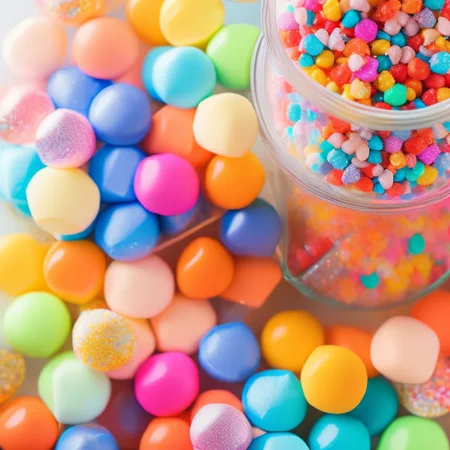 <lyco:candy:1.0> colorful candies marshmellows chocolate balls in jars lollipops and sweet peanuts