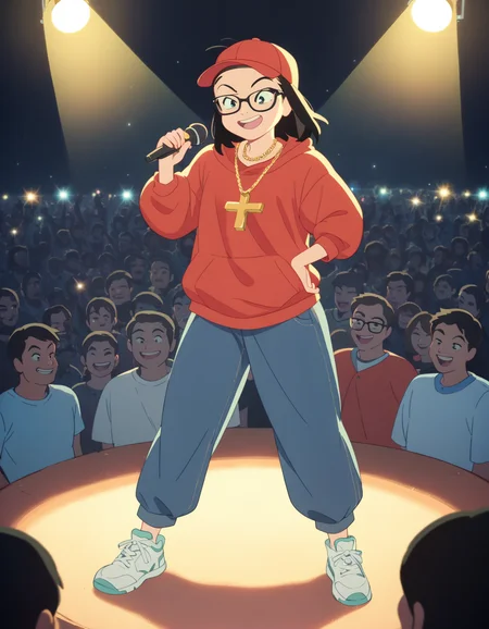 score_9, score_8_up, score_7_up, source_anime, <lora:kikimac-ponyxl-000009:1> kikimac, black-framed eyewear, open mouth, smug, red hoodie, (hood up:1.1), gold chain, cross necklace, jeans, baggy pants, red headwear, baseball cap, white sneakers, holding microphone, stage, stage lights, dim lighting, crowd