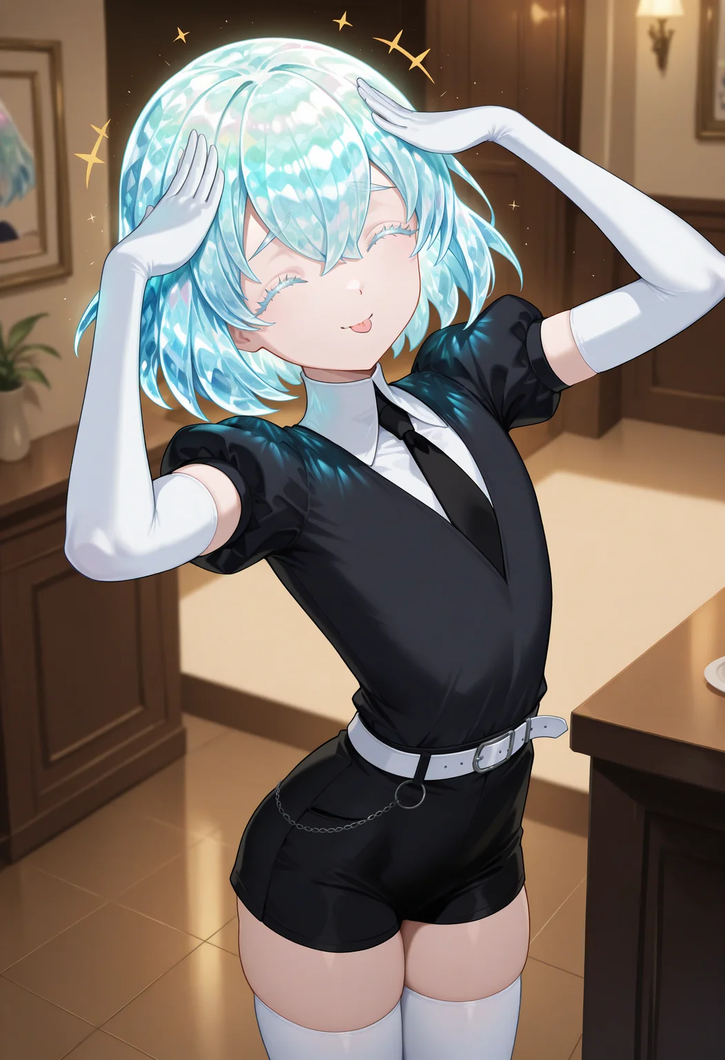 masterpiece, best quality, newest, absurdres, highres, AhEtoBlehMeme, closed eyes, tongue out, :p, hands on own head, smile, <lora:AhEtoBlehMeme_illusXLNoobAI_Incrs_v1-000008:1>, cowboy shot, indoors, <lora:Hoseki_LandOfTheLustrous_Diamond_IllustriousXL_v1_973550:1> 1other, d1am0nd, white skin, crystal hair, colored eyelashes, multicolored hair, short hair, hair between eyes, black shirt, puffy short sleeves, white collared shirt, black necktie, elbow gloves, white gloves, black shorts, white belt, white thighhighs,