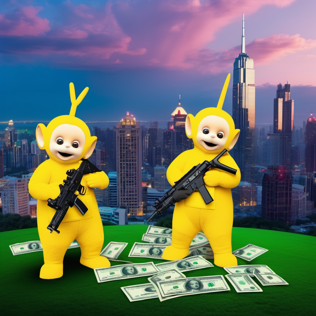 cinematic photo teletubbies with machineguns,  dollar sign on the head, city, money bills falls from the sky  <lora:Teletubbies1024:0.4> . 35mm photograph, film, bokeh, professional, 4k, highly detailed