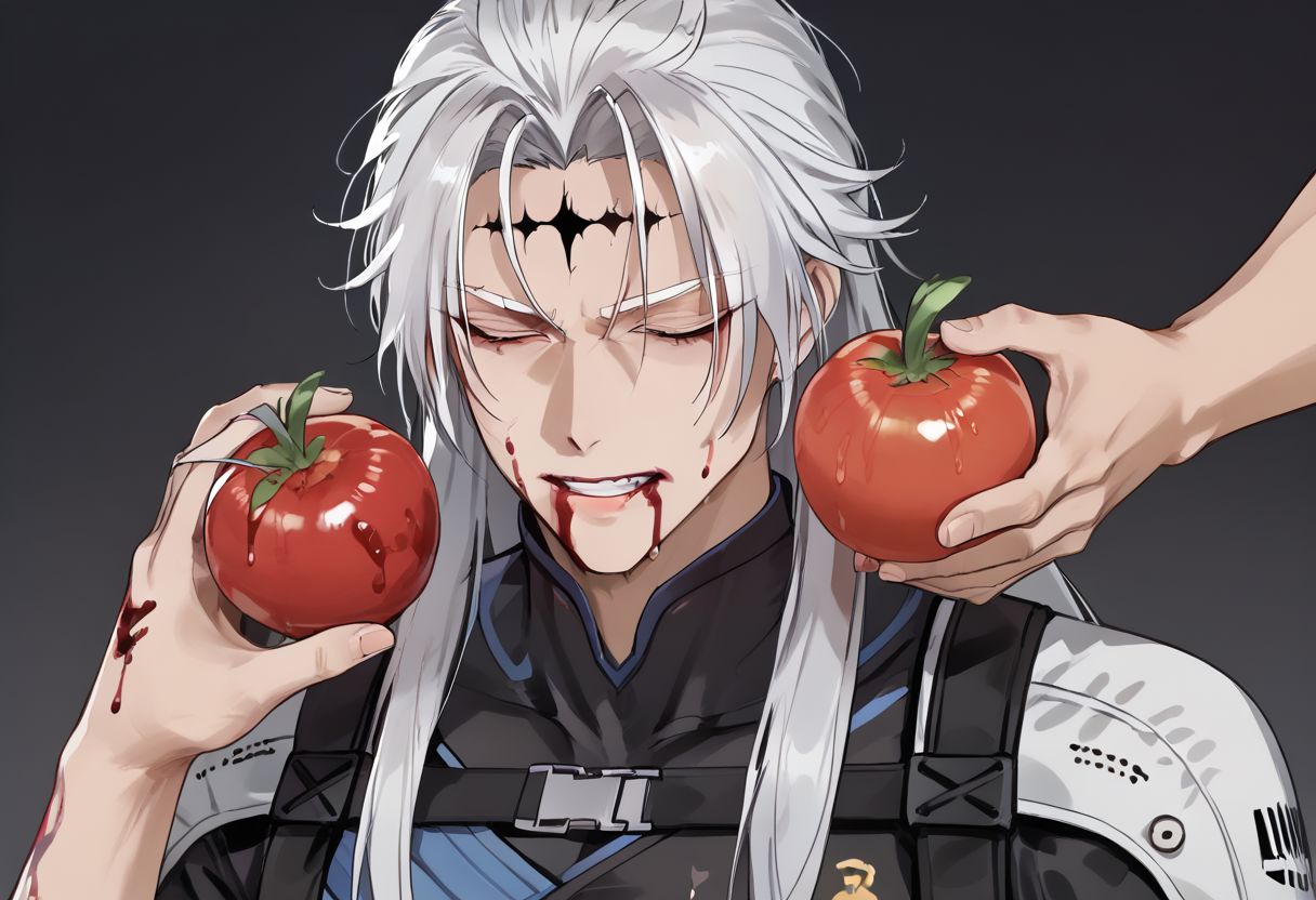 score_9,
calcharo, long white hair, forehead mark, 1boy, armor, upper body, tomato, eats tomato, tomato juice, blood on face, bloodyface, many blood, holds tomato in hand