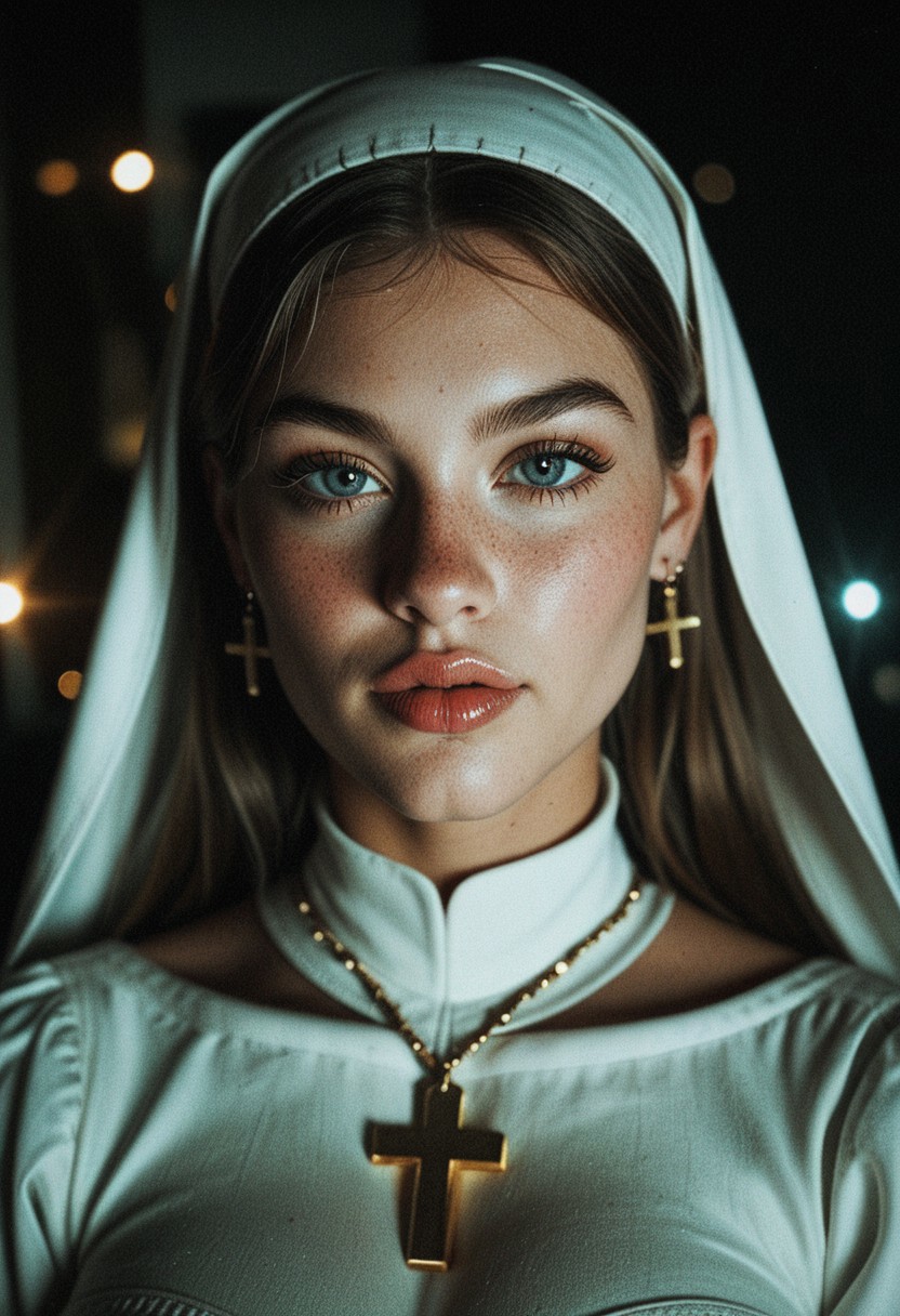 Portrait of a full tatooed nun (satanic symbols), high-key lighting, minimal shadows, soft diffused light, clean white backdrop, studio photography, professional fashion shoot, DSLR quality, 85mm lens, f/1.4, ultra-realistic, crisp details