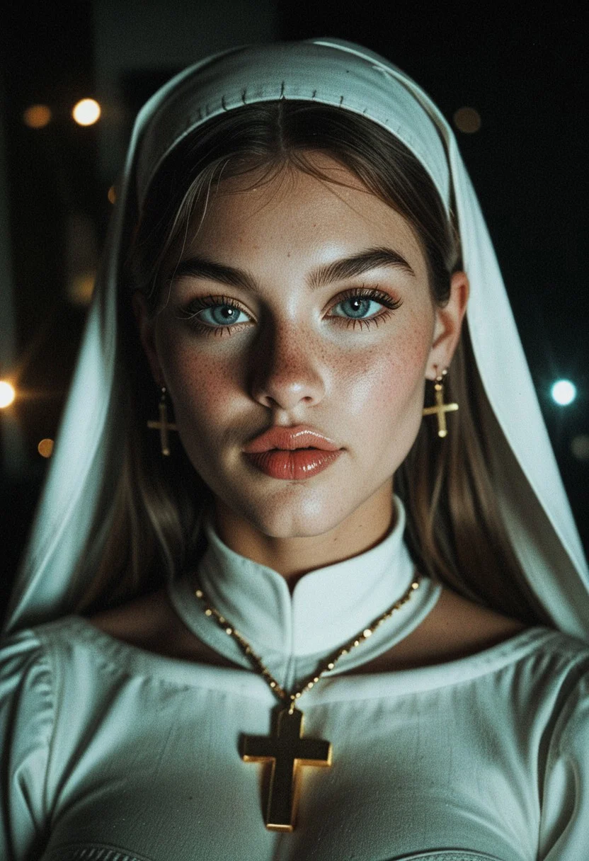 Portrait of a full tatooed nun (satanic symbols), high-key lighting, minimal shadows, soft diffused light, clean white backdrop, studio photography, professional fashion shoot, DSLR quality, 85mm lens, f/1.4, ultra-realistic, crisp details