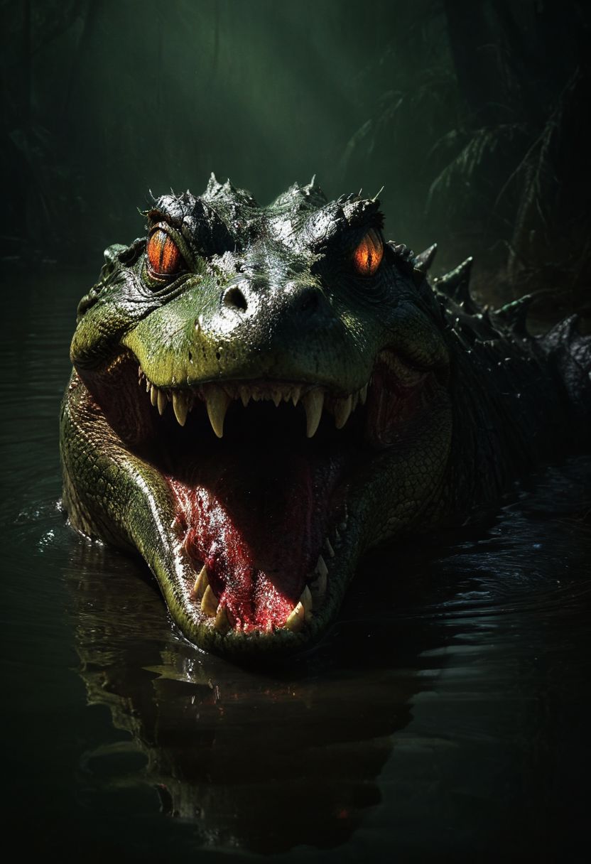 bblack sparkling wet wild fur, abstract horror, approaching perfection, dynamic, highly detailed, digital painting, art station, concept art, smooth, sharp focus, illustration, good shadows, dim lit, devoid of color, low light, back light, hidden, obscured, masterpiece, best quality, intricate detailed, hyperrealistic, horror, alligator, dirty brown and green colors, red glowing eyes, yellow ugly teeth, ((blood smeared)), emerges from lake, detailed background, darkness, horrific scenery, dramatic,