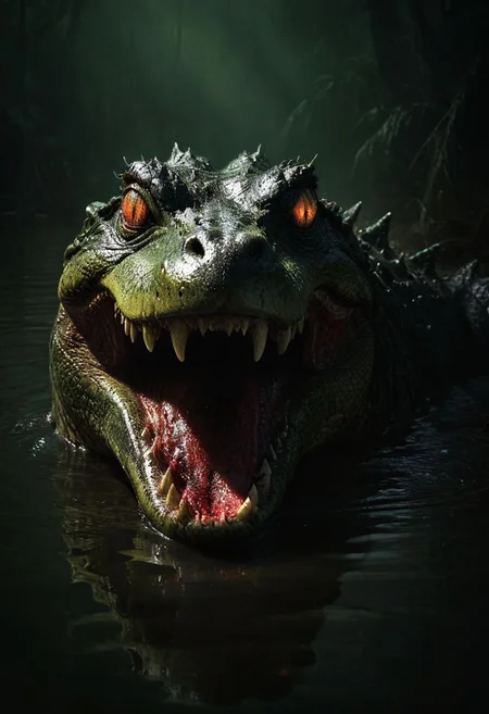 bblack sparkling wet wild fur, abstract horror, approaching perfection, dynamic, highly detailed, digital painting, art station, concept art, smooth, sharp focus, illustration, good shadows, dim lit, devoid of color, low light, back light, hidden, obscured, masterpiece, best quality, intricate detailed, hyperrealistic, horror, alligator, dirty brown and green colors, red glowing eyes, yellow ugly teeth, ((blood smeared)), emerges from lake, detailed background, darkness, horrific scenery, dramatic,