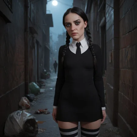 score_9, score_8_up, score_7_up, rating_explicit, realistic, masterpiece, from distance, ((wednesday addams)), 1girl, petite goth girl, ponytails, tight black dress, striped socks, angry livid face, exp_real, worried, film noir, dark night, pitch black night, dark alley, trash, two men in black suits following her, tears,