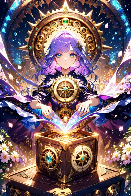 slvt, 1girl, cinematic angle, witch, wizard, robe, depth of field, light particles, magical effect, Gears, machine boxes, compass, Pandora's box, magic circle, light particles, Narcissus, petal, [(black background:1.2)::0.2], (fractal background:1.2), ultra detailed, (masterpiece, best quality:1.4), [<lora:detailed_notrigger:1.15>::0.5], [:<lora:detailed_hands:1.05>:0.5],  <lora:Monster_in_a_Box_SDXL:1.05>