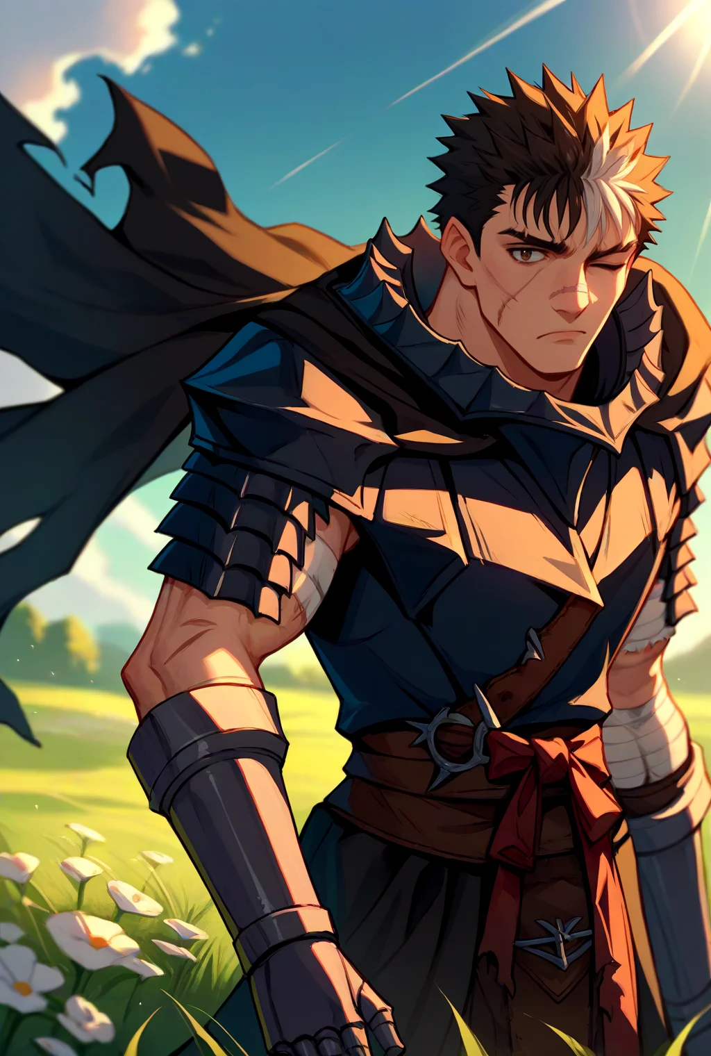 score_9, score_8_up, score_7_up, source_anime, looking at viewer, cowboy shot,
<lora:GutsPdxlDwnsty:1>, Guts_Armor, brown eyes, short hair, multicolored hair, spiked hair, black armor, shoulder armor, gauntlets, pauldrons, greaves, bandaged arm, black cape, torn cape, scar on nose, one eye closed, muscular male,
medieval, grass, flower field, sunlight,