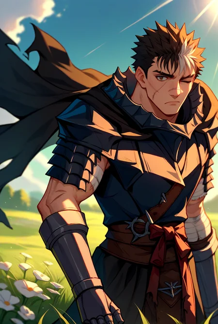 score_9, score_8_up, score_7_up, source_anime, looking at viewer, cowboy shot, 
<lora:GutsPdxlDwnsty:1>, Guts_Armor, brown eyes, short hair, multicolored hair, spiked hair, black armor, shoulder armor, gauntlets, pauldrons, greaves, bandaged arm, black cape, torn cape, scar on nose, one eye closed, muscular male, 
 medieval, grass, flower field, sunlight,