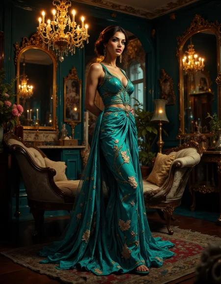 Beautifully detailed and serene realistic full-length portrait.
An beautiful women wearing Blue classy kalamkari net saree with bell sleeves butterfly cut sheer blouse,wearing matching sandals in a a glamorous boudoir with a velvet chaise lounge, gold-framed mirrors, a chandelier in the evening.
detailed face, detailed eyes, Full body visible, Detailed Dress, Detailed background, Backward Lean (Leaning backward slightly with hands behind the back, feet shoulder-width apart, relaxed posture.) .
<lora:fluxenhancer:0.8> fluxenhancer <lora:dreadmirth-style-art:0.8> dreadmirthart <lora:FSF-Real-Babes:0.8> <lora:Vibrantly_Sharp_style_v.5:0.8> <lora:Anime Art V3:1> Anime art