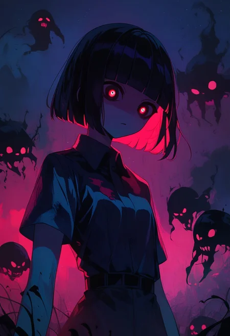 score_9, score_8_up, score_7_up, score_6_up, NLSTN, 1girl, halftone effect, ghosts, haunted house, short hair, black hair, black eyes, bob cut, bangs, blunt bangs, polo shirt, collared shirt, short sleeves, torn clothes, night, fog, round pupils, glowing, dark