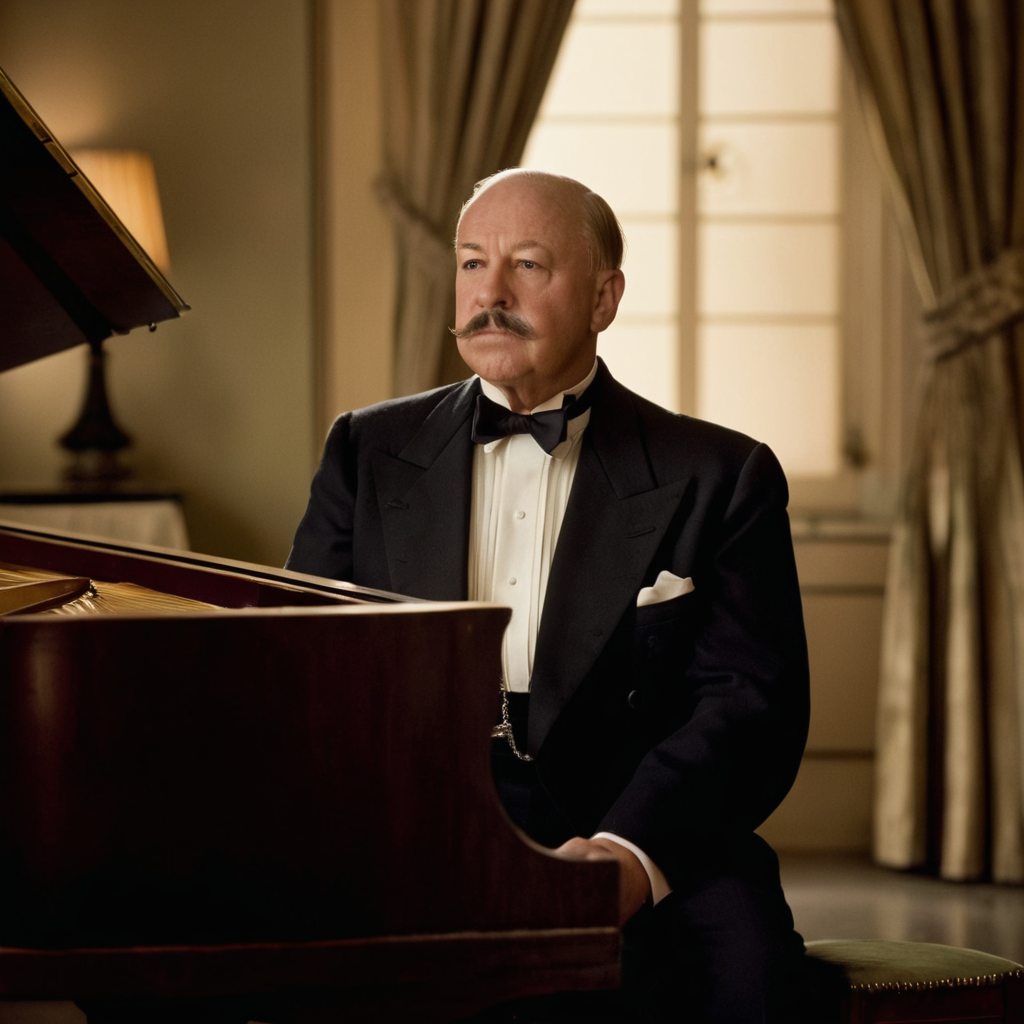cinematic film still of <lora:detailed:0.2> 
<lora:perfection style:0.2>
<lora:Ron Fricke style:0.1>
 <lora:Inglourious Basterds film style:0.9>
Alfred Hitchcock a man sitting at a piano in a room,solo,1boy,bow,sitting,male focus,bowtie,facial hair,chair,formal,ring,suit,curtains,instrument,mustache,lamp,bald,old,old man,traditional bowtie,piano,tuxedo,grand piano , 1940's, Inglourious Basterds film style, shallow depth of field, vignette, highly detailed, high budget, bokeh, cinemascope, moody, epic, gorgeous, film grain, grainy
