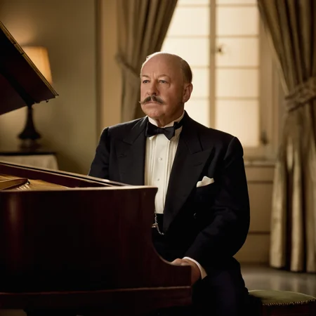 cinematic film still of <lora:detailed:0.2>
<lora:perfection style:0.2>
<lora:Ron Fricke style:0.1>
<lora:Inglourious Basterds film style:0.9>
Alfred Hitchcock a man sitting at a piano in a room,solo,1boy,bow,sitting,male focus,bowtie,facial hair,chair,formal,ring,suit,curtains,instrument,mustache,lamp,bald,old,old man,traditional bowtie,piano,tuxedo,grand piano , 1940's, Inglourious Basterds film style, shallow depth of field, vignette, highly detailed, high budget, bokeh, cinemascope, moody, epic, gorgeous, film grain, grainy