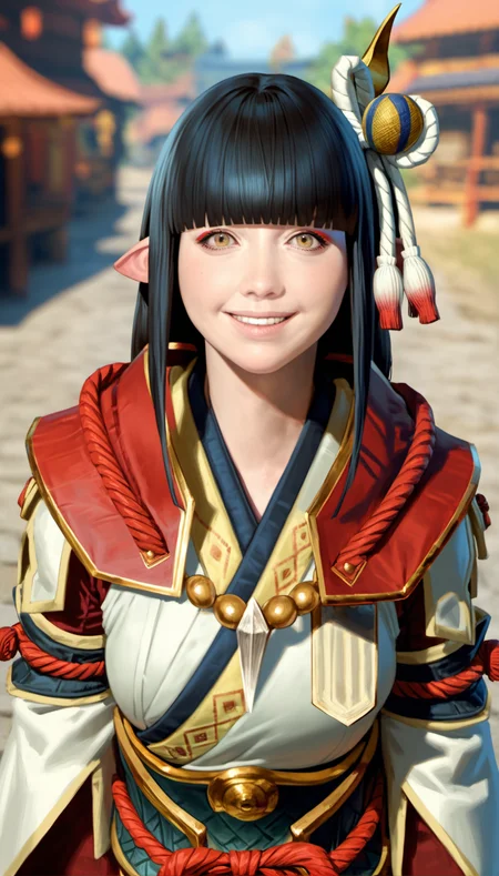 score_9,score_8_up,score_7_up,
<lora:hinoa:0.9>,
mhhinoa,
photorealistic,
1girl,solo,black hair,long hair,blunt bangs,hair ornament,yellow eyes,looking at viewer,smile,parted lips,pointy ears,red and white short cape,shoulder necklace,white japanese robe top,deep red undershirt,detached sleeves,portrait,from above,blurry background,outdoors,rustic village,