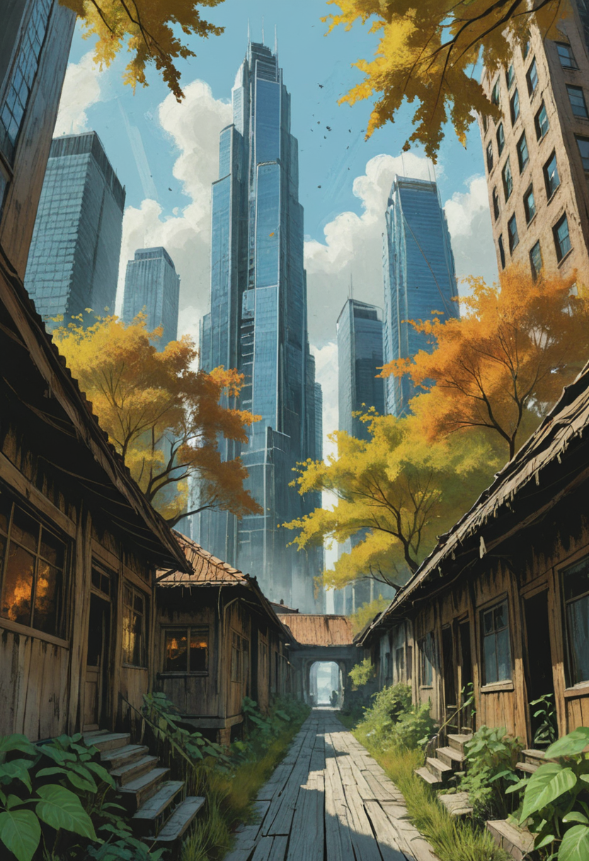 (((With each creak and groan of the ancient planks beneath your feet, you feel the weight of history pressing down upon you. Each house seems to tell its own tale, etched into the weathered wood by countless hands over generations. The air is thick with the scent of spices and incense, mingling with the acrid tang of ozone from the nearby towering skyscrapers. A gentle breeze rustles through the leaves overhead, whispering secrets long forgotten.))), ((Beautiful, brush strokes, digital art, extremely detailed digital illustration, cinematic, vast, epic, incredible perspective, breathtaking, awe-inspiring, intricate design, meticulous detail, concept art))