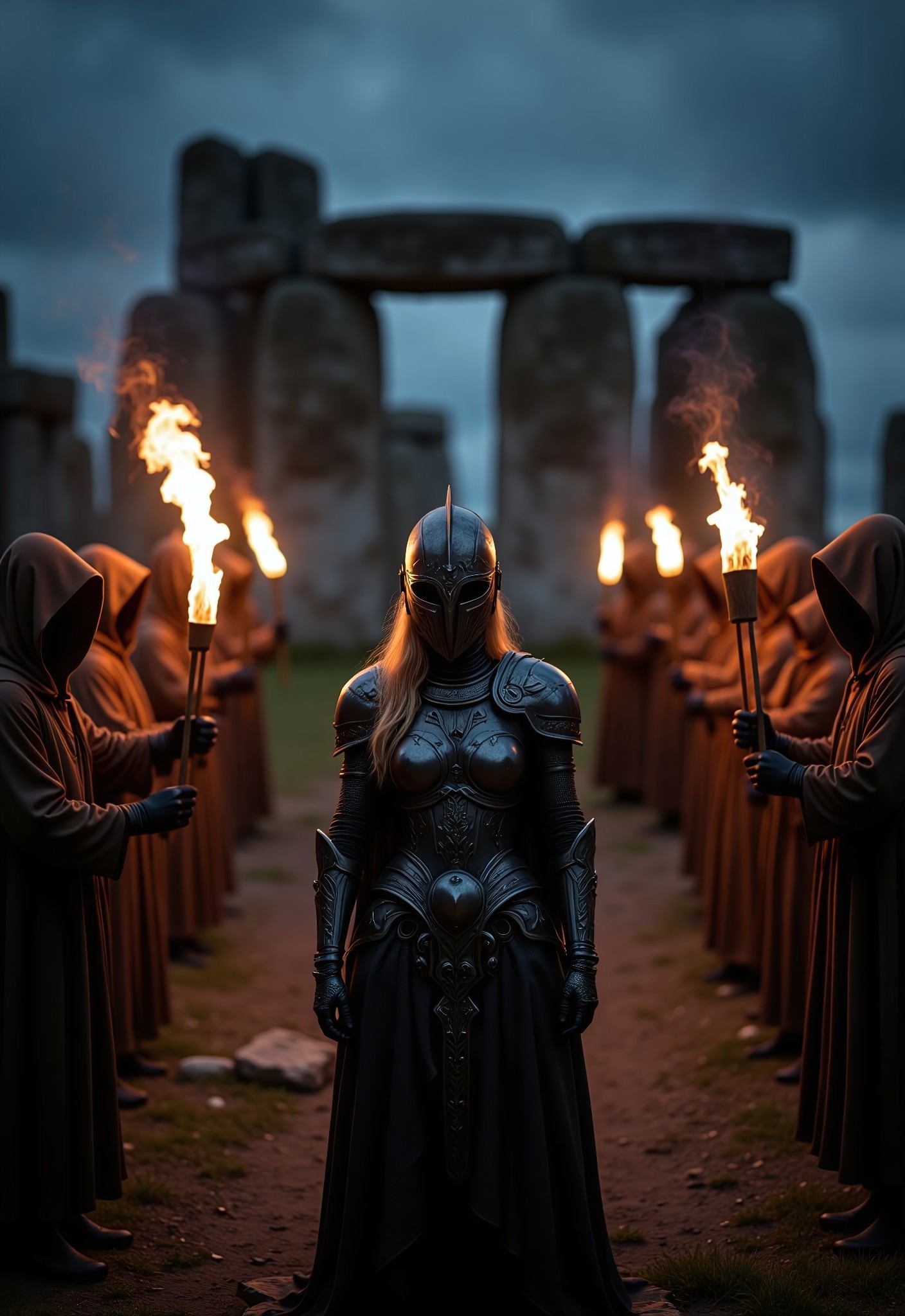 aidmaimageupgrader, they glow at night, a high quality digital image of stonehenge on a dark night, we see a group of figures wearing brown hooded robes standing in a circle hold firey torches, in the center of stonehenge we see a female knight wearing dark anthracite coloured intricate sleek armour with a helmet and face visor, we observe from a long distance with all of stonehenge visible. the knight is facing the viewer and is the focus of the image