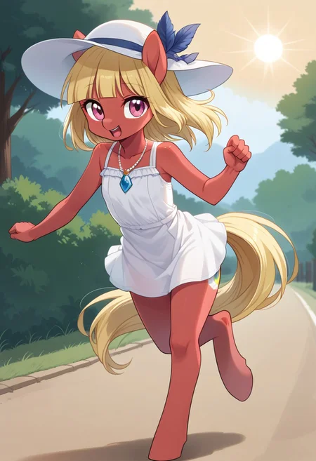 score_9, r0ug3, sun hat, running in a feild, source_pony, ntm,