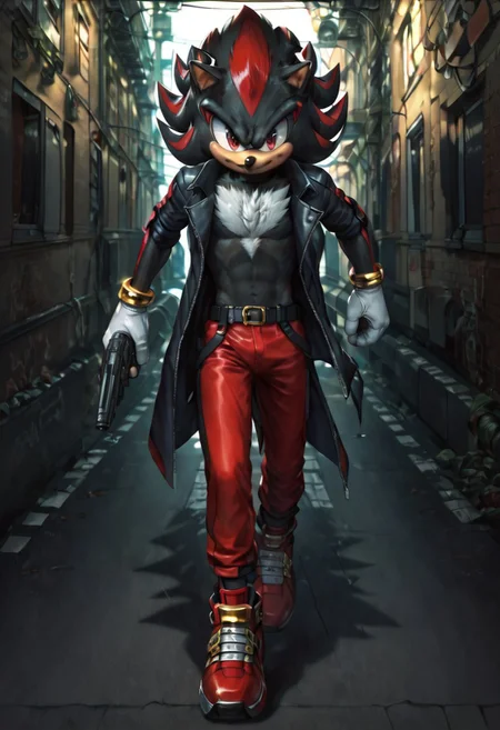 zPDXL3,RE_Engine,score_9_up,score_8_up,score_7_up,detailed,(best quality:1.2),digital media \(artwork\), BREAK, solo,best quality, 1boy, solo male, shadow the hedgehog, furry, red eyes, black fur, white chest tuft, black open coat, gold bracelets, white gloves, black belt, red pants, red shoes, gold anklets, running, blue aura, spiked hair, hedgehog, street alley, night, dynamic lighting, full body, dual wielding handguns, rifle on back