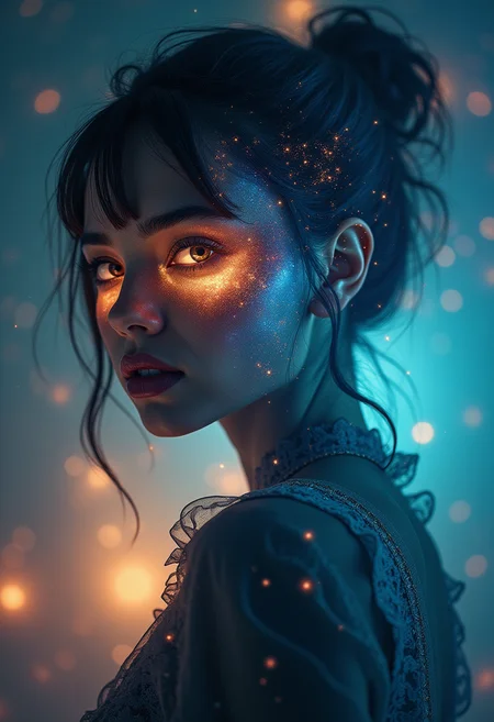 Detailed, masterpiece, professional, bold colors, awe inspiring, photography inspired by Jeremy Mann, 30mm shot, HDR, alien, silhouette double exposure, space theme, mesmerizing eyes, feminine, humanoid nebula, soft, cosmic being, galaxy eyes, unusual pupils, full body, outer space, surreal insubstantial body