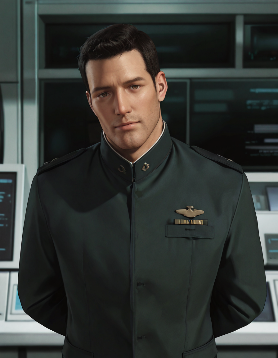 masterpiece, best quality, absurdres, newest, perfect quality, best quality, absolutely eye-catching, detailed background, intricate details, male focus, solo, realistic, <lora:Final Fantasy Spirits Within - Gray Edwards - Illustrious_1-000011:0.7>, g_edwards, 1boy, mature male, black hair, very short hair, brown eyes, stubble, uniform jacket, standing, looking at viewer, head tilt, laboratory, arms behind back, upper body