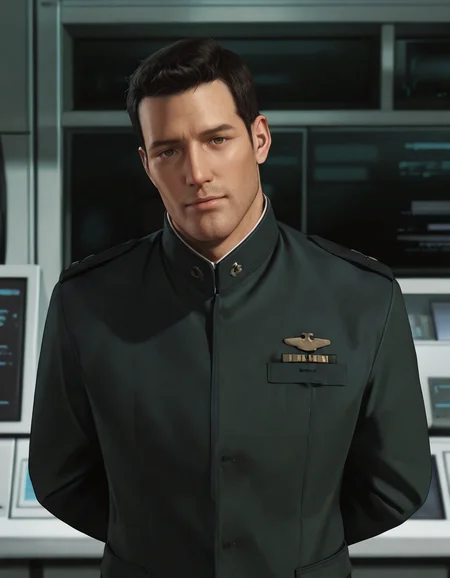 masterpiece, best quality, absurdres, newest, perfect quality, best quality, absolutely eye-catching, detailed background, intricate details, male focus, solo, realistic, <lora:Final Fantasy Spirits Within - Gray Edwards - Illustrious_1-000011:0.7>, g_edwards, 1boy, mature male, black hair, very short hair, brown eyes, stubble, uniform jacket, standing, looking at viewer, head tilt, laboratory, arms behind back, upper body