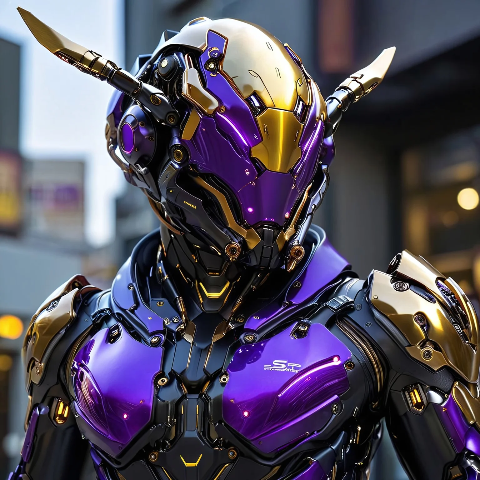 highly detailed mechanical helmet, golden cybernetic wasp head, glowing purple visor, realistic reflections, clean and polished armor, intricate mechanical components, sci-fi design, sharp edges, cinematic lighting, transparent insect wings made of reinforced glass fiber, mechanical joints, fine circuitry details, semi-transparent glowing lines, futuristic propulsion systems, lightweight and flexible design, shimmering metallic texture, sleek golden armor plating, reinforced exoskeleton, detailed mechanical muscles, embedded glowing energy lines, highly polished and reflective surfaces, robust sci-fi structure, intricate inner gears exposed subtly, symmetrical design, tactical segments, highly articulated robotic hands, claw-like metallic fingers, precise servo motors, armored plating with golden highlights, cybernetic exoskeleton design, fine mechanical cables, sharp polished edges, futuristic tactile sensors, mechanized insect legs, reinforced joints, kinetic actuators, armored shin guards, sharp golden foot claws, hydraulic pistons, lightweight yet powerful construction, aggressive futuristic design, sci-fi mechanical aesthetics, mid-action pose, dynamic pose,