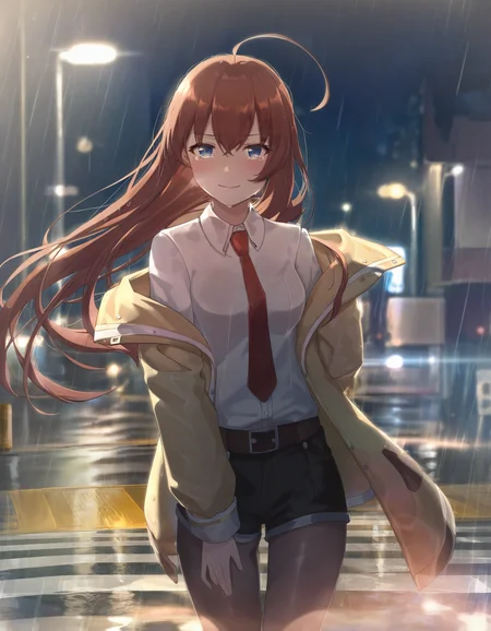 1girl, solo, cowboy shot, night, wind, rain, road, street, crosswalk, long hair, looking at viewer, blush, smile, bangs, blue eyes, brown hair, long sleeves, hair between eyes, closed mouth, standing, jacket, white shirt, ahoge, shorts, collared shirt, belt, tears, off shoulder, black pantyhose, floating hair, black shorts, crying, red necktie, makise kurisu, outdoors, amazing quality, <lora:jlt4n-000009:1>