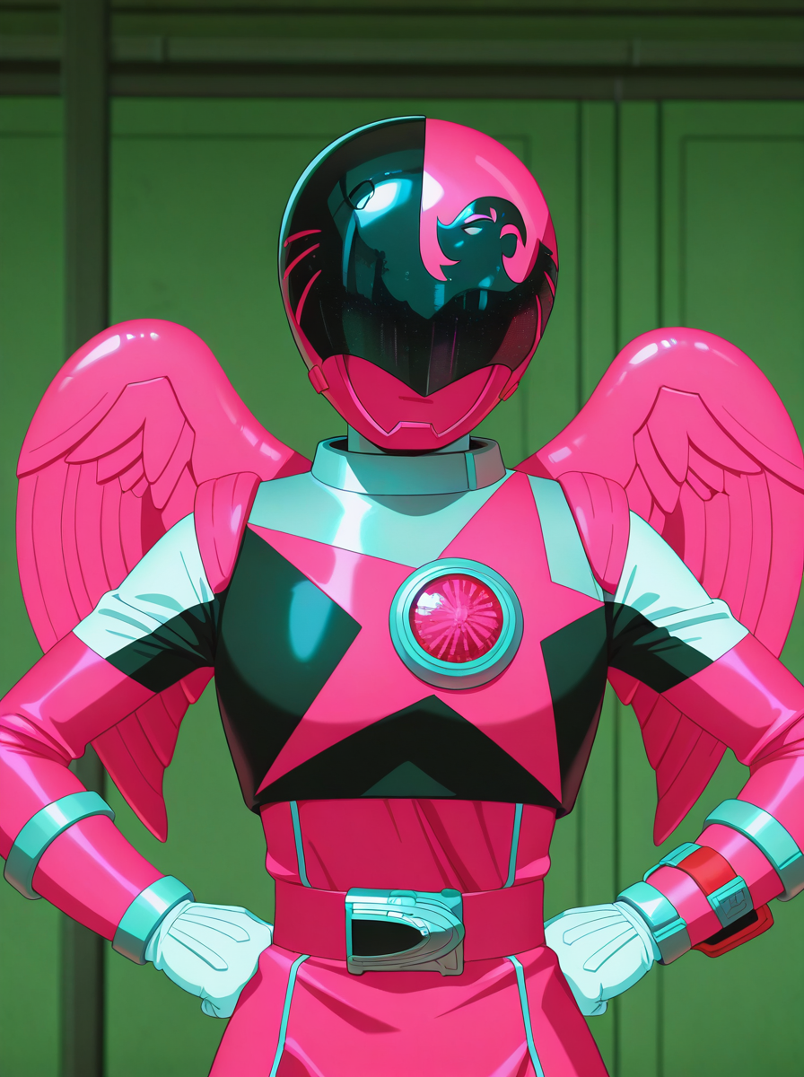 masterpiece, best quality, amazing quality, very aesthetic, absurdres, newest, looking at viewer anime screenshot,  anime coloring,<lora:anime_screencap:1> anime screencap, anime coloring    <lora:WashiPink:1>washipink, helmet, 1girl, solo, visor wings,robot mask gloves, belt, tokusatsu, white gloves, skirt, pink bodysuit upper body, hands on own hips,
